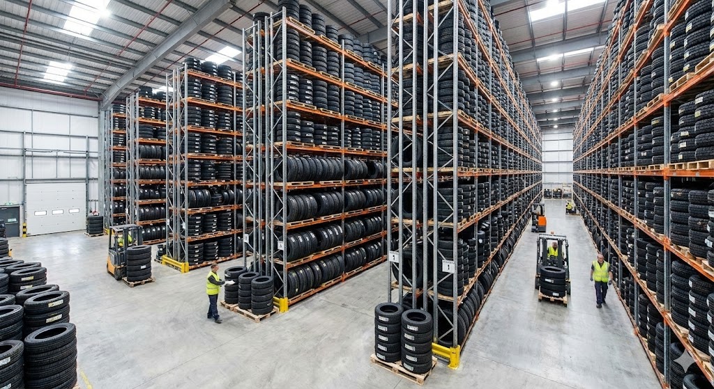 Pneus empilhados em armazém
